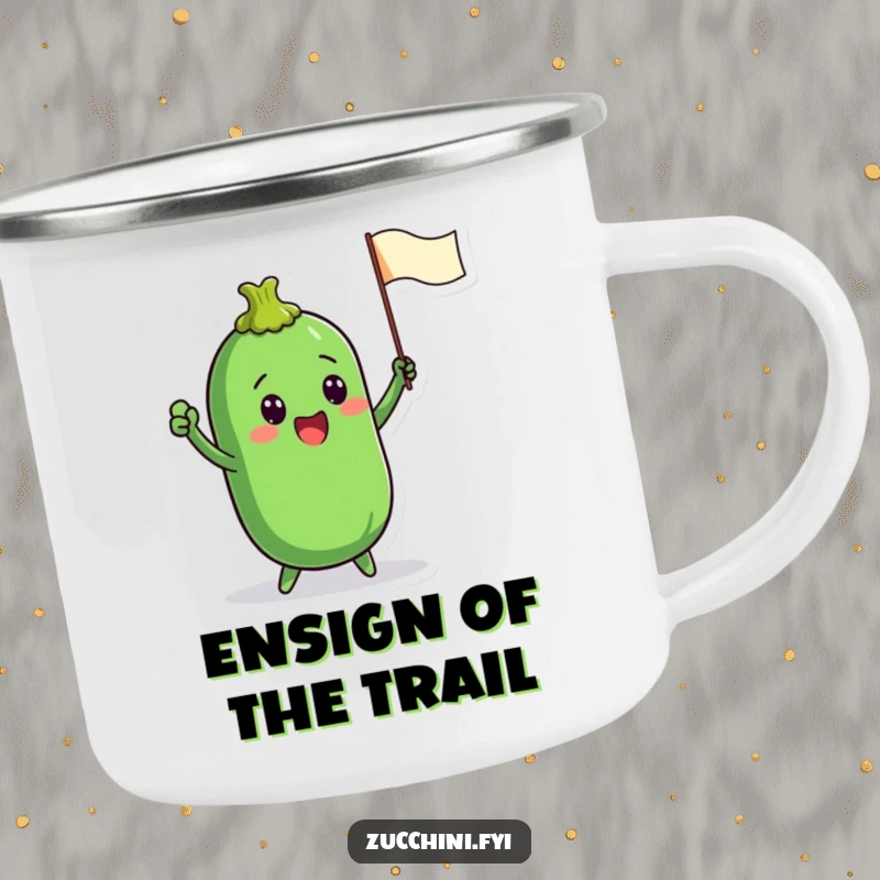Funny camping mug with a zucchini character enthusiastically waving a small flag, ideal for enjoying beverages during outdoor activities.