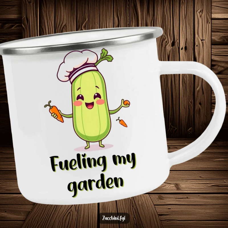 Funny zucchini chef juggling carrots on a sturdy camping mug, designed for outdoor coffee enjoyment.