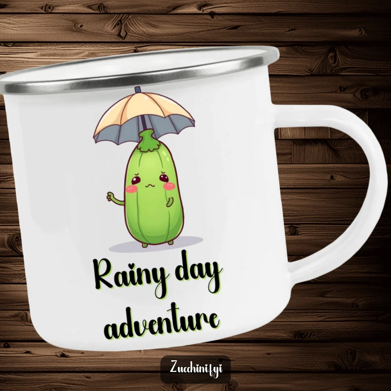 Funny zucchini balancing a tiny umbrella on its head on a durable camping mug, perfect for outdoor use.