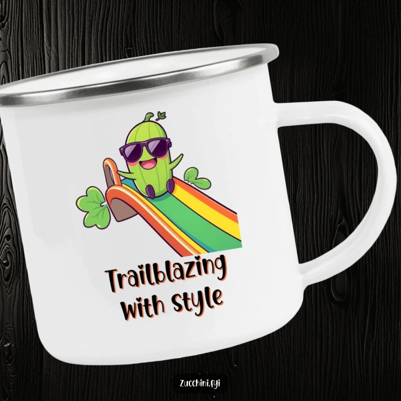 Funny Giggling Zucchini Camping Mug: A zucchini in sunglasses laughs while sliding down a rainbow, ideal for humorous sips in the great outdoors.