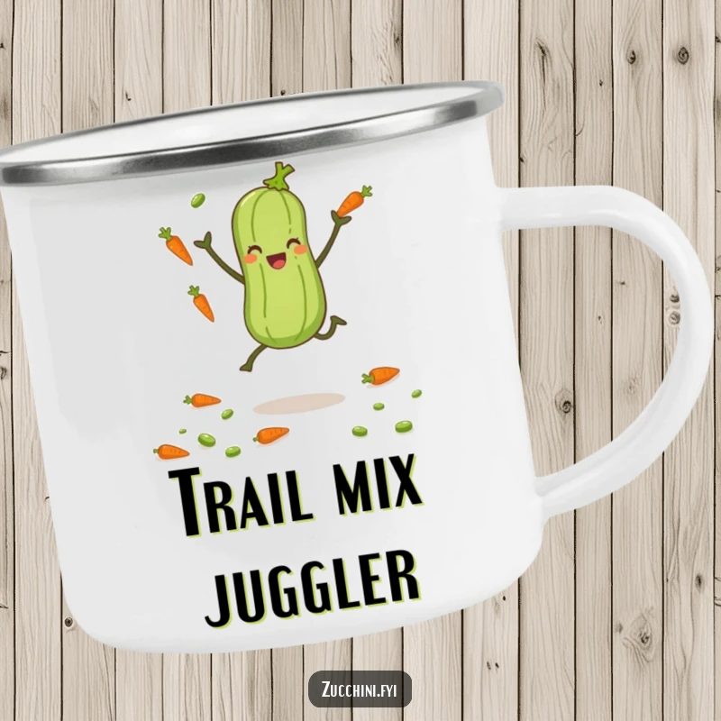 Funny zucchini with tiny legs juggling carrots and peas on a durable camping mug for outdoor fun.