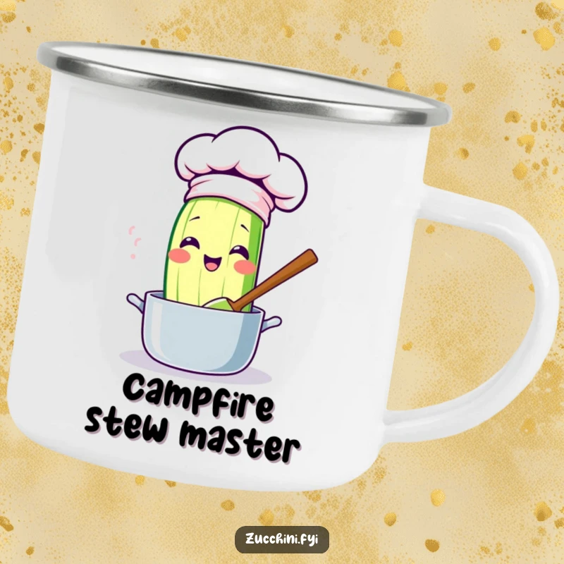 Funny kawaii zucchini camping mug, showing a cute chef zucchini stirring a pot, perfect for hot beverages during outdoor escapades with a funny culinary twist.