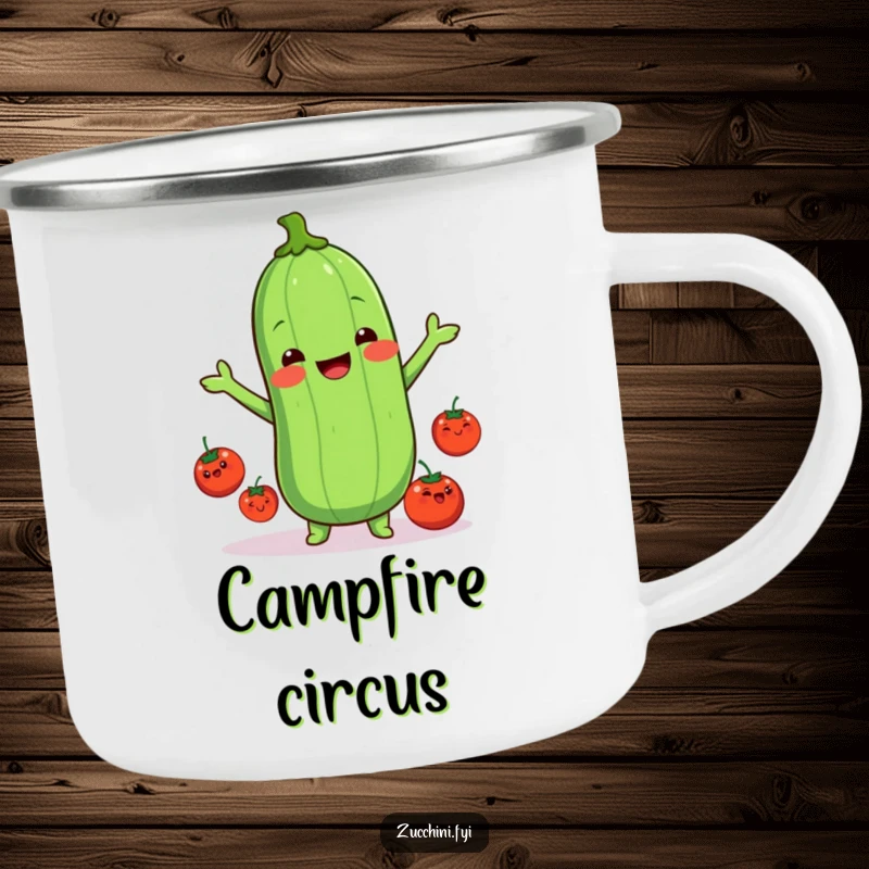 Funny kawaii zucchini camping mug, showing a cute zucchini juggling happy tomatoes, perfect for hot beverages during outdoor escapades with a funny twist.