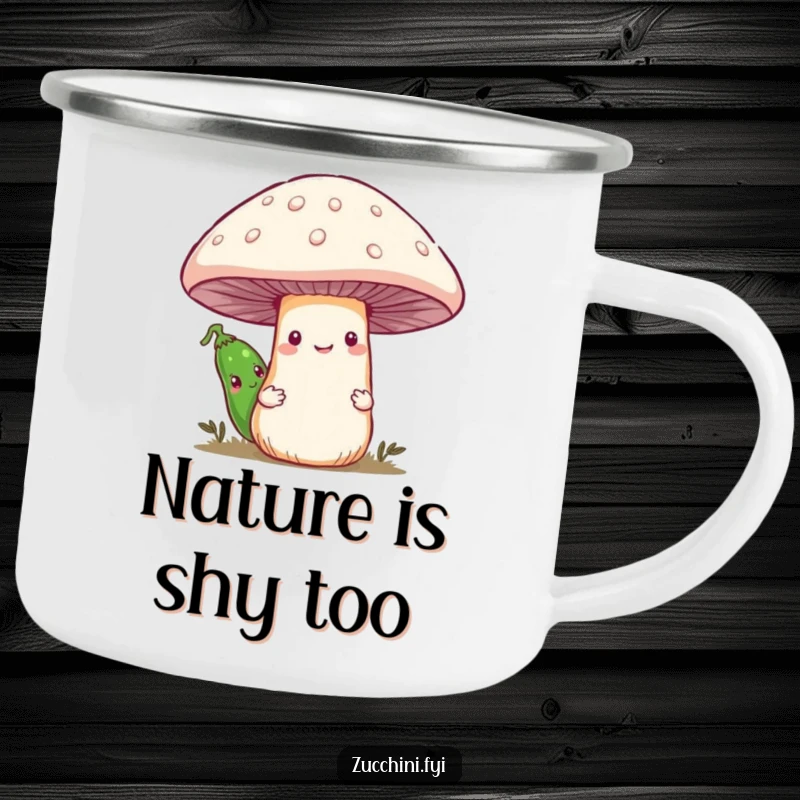 Funny camping mug featuring a shy zucchini peeking from behind a smiling mushroom, designed for outdoor adventures and a good chuckle.