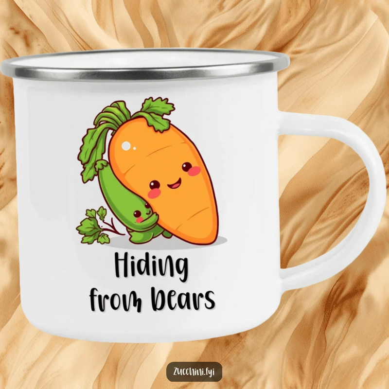 Funny Camping Mug with a sneaky zucchini peeking from behind a giant, smiling carrot, enjoying a playful prank.