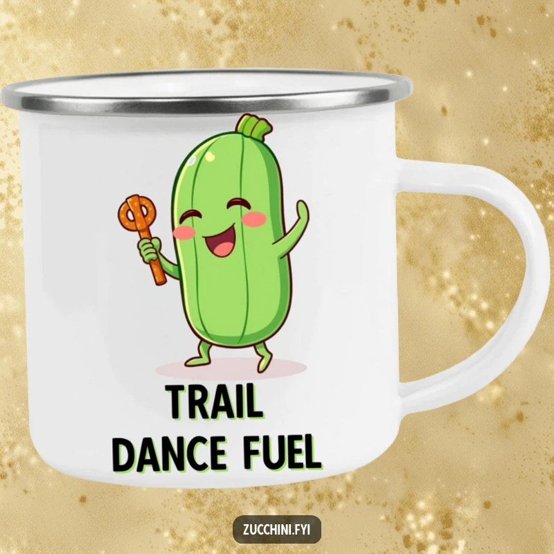 Funny camping mug with a laughing zucchini character dancing energetically with a pretzel stick, ideal for outdoor fun.