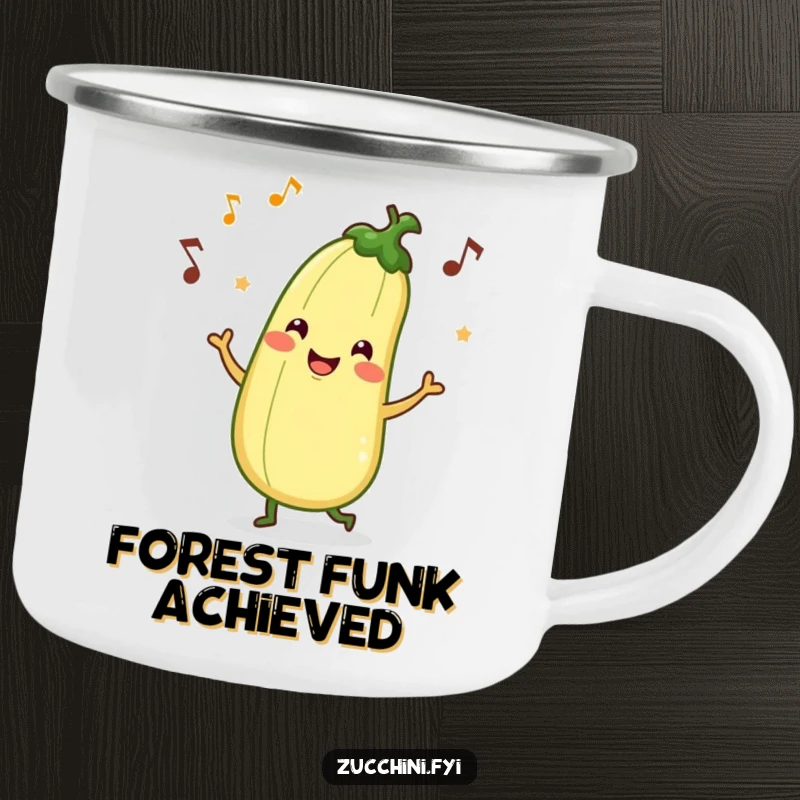 Funny camping mug showing a smiling zucchini character energetically jigging with musical notes, perfect for enjoying beverages in nature.