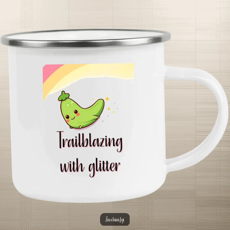 Funny camping mug with a zucchini character sliding down a rainbow, leaving sparkles, ideal for outdoor adventures and cheerful sipping.