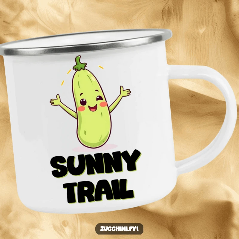 Funny camping mug with a smiling zucchini catching a sunbeam, perfect for enjoying drinks outdoors with sunny humor.