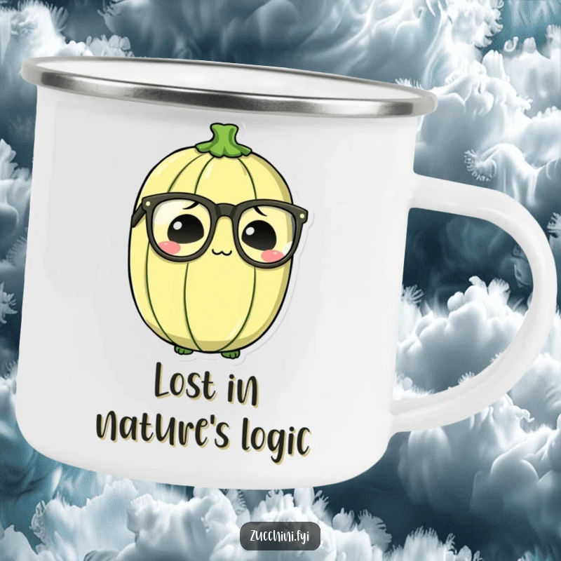 Funny Bewildered Zucchini Camping Mug with a zucchini wearing oversized spectacles, looking thoughtfully confused in an outdoor setting.