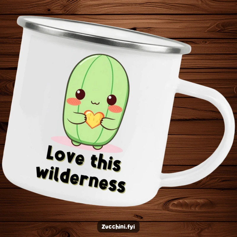 Funny zucchini camping mug with a blushing zucchini character offering a small, glowing heart, ideal for sharing sweet, humorous affection outdoors.