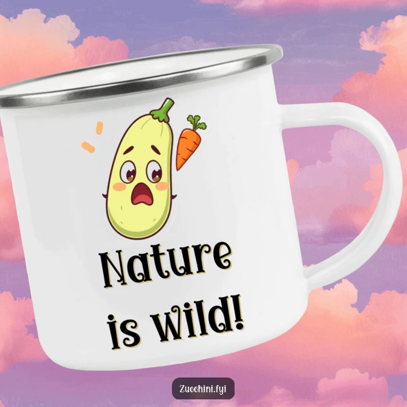 Funny camping mug showing a zucchini in utter surprise as a carrot flies through the air.