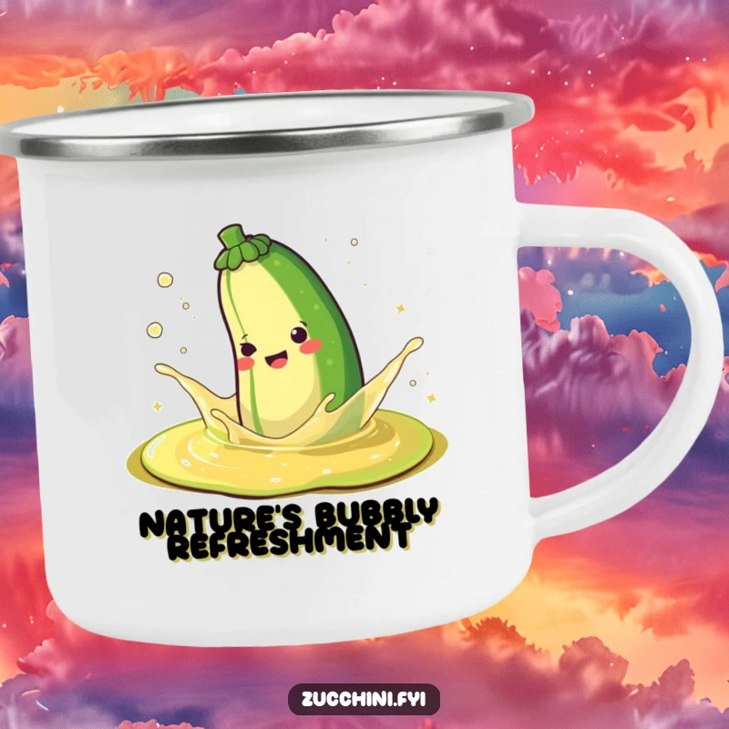 Funny camping mug featuring a happy zucchini splashing in sparkling juice, bringing joyful vibes to any outdoor setting.