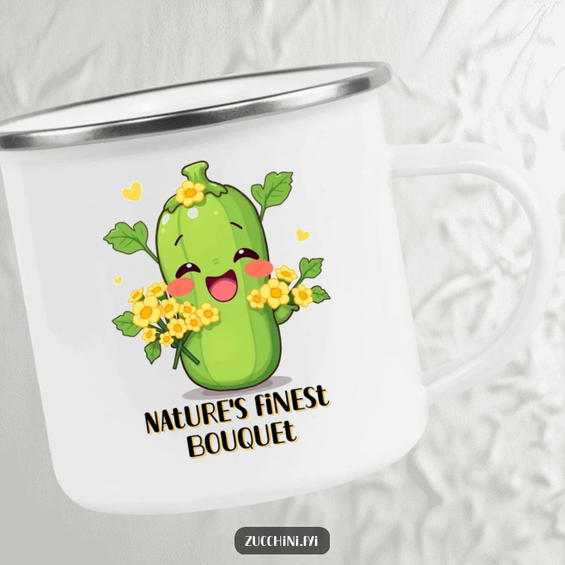 Funny camping mug showing a zucchini in a silly pose with a bouquet of zucchini flowers, ideal for outdoor enthusiasts.