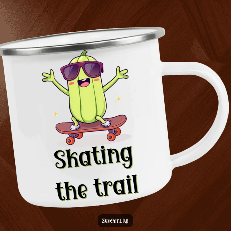 Funny kawaii zucchini camping mug, showing a cool zucchini skateboarding and dancing, perfect for hot beverages during outdoor escapades with a funny twist.