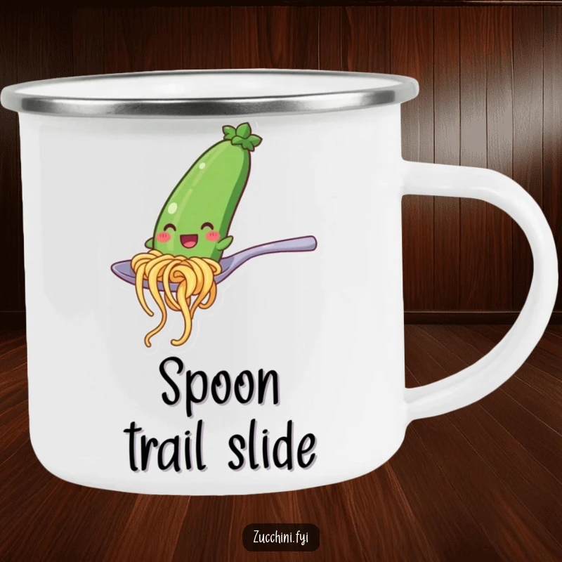 Funny camping mug depicting a happy zucchini noodle character sliding down a spoon, perfect for adding cheer to outdoor activities.