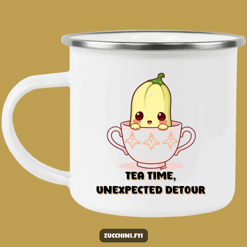 Funny Surprised Zucchini Teacup Camping Mug - Adventure Brewed with Surprise!