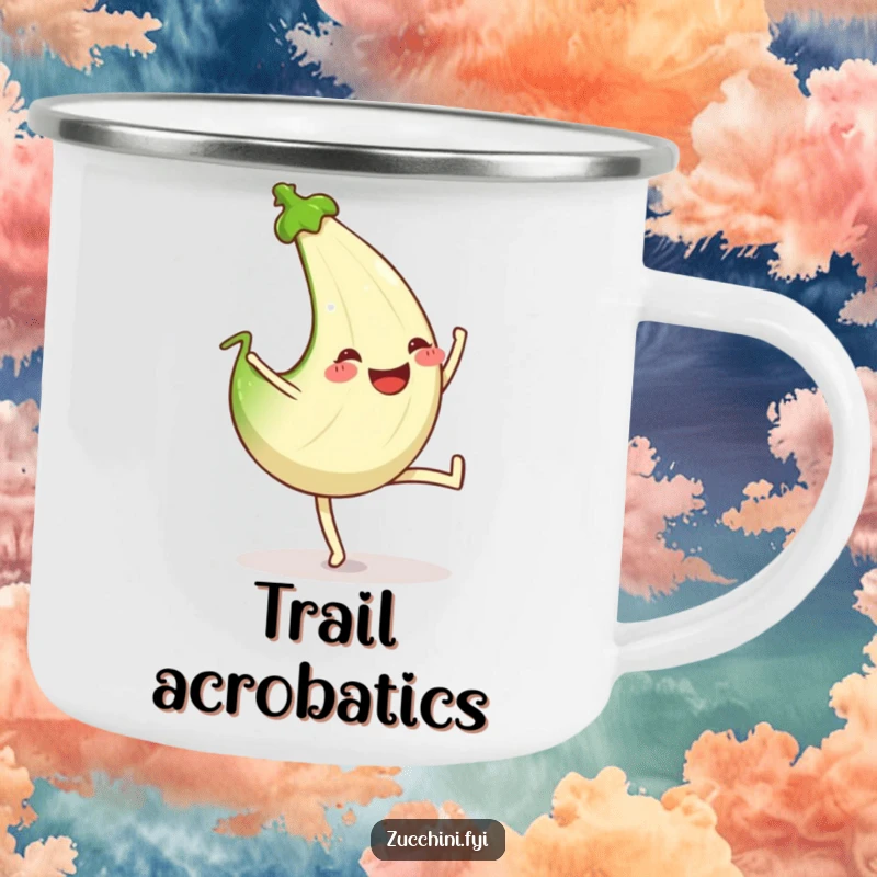 Funny camping mug with a zucchini in a cartwheel, sporting a wide, happy grin.
