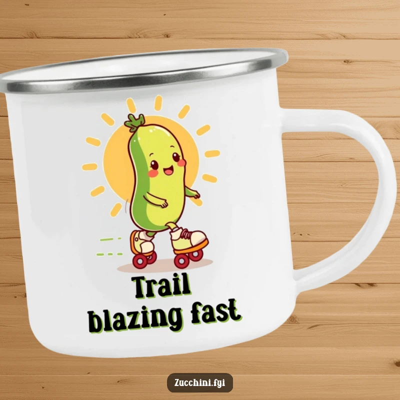 Funny zucchini on roller skates speeds past a cartoon sun on a rugged camping mug for outdoor enthusiasts.