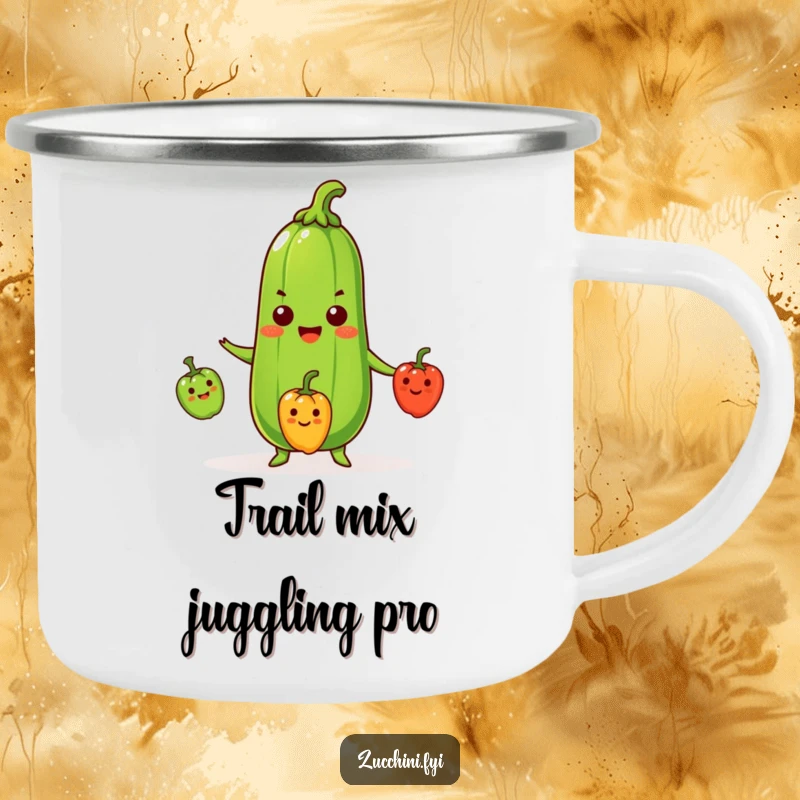 Funny Zucchini Camping Mug with a beaming zucchini juggling three small, smiling peppers, perfect for outdoor use and adding humor.