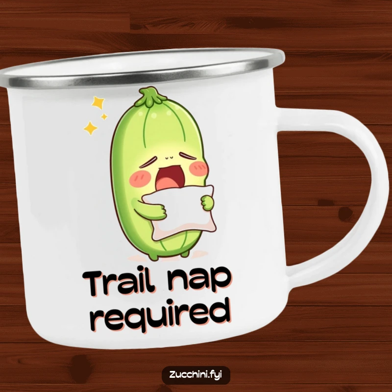 Funny sleepy zucchini yawning, clutching a pillow, on a camping mug, a hilarious and relatable image for outdoor enthusiasts needing rest.
