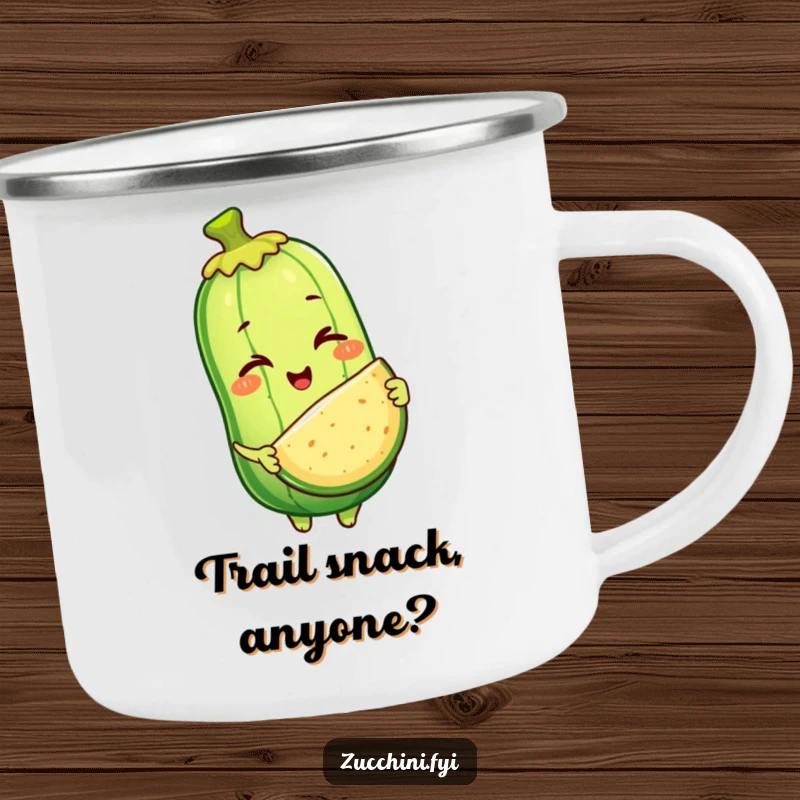Funny camping mug with a winking anthropomorphic zucchini character offering a slice of itself, designed for outdoor use and bringing a humorous, generous vibe.