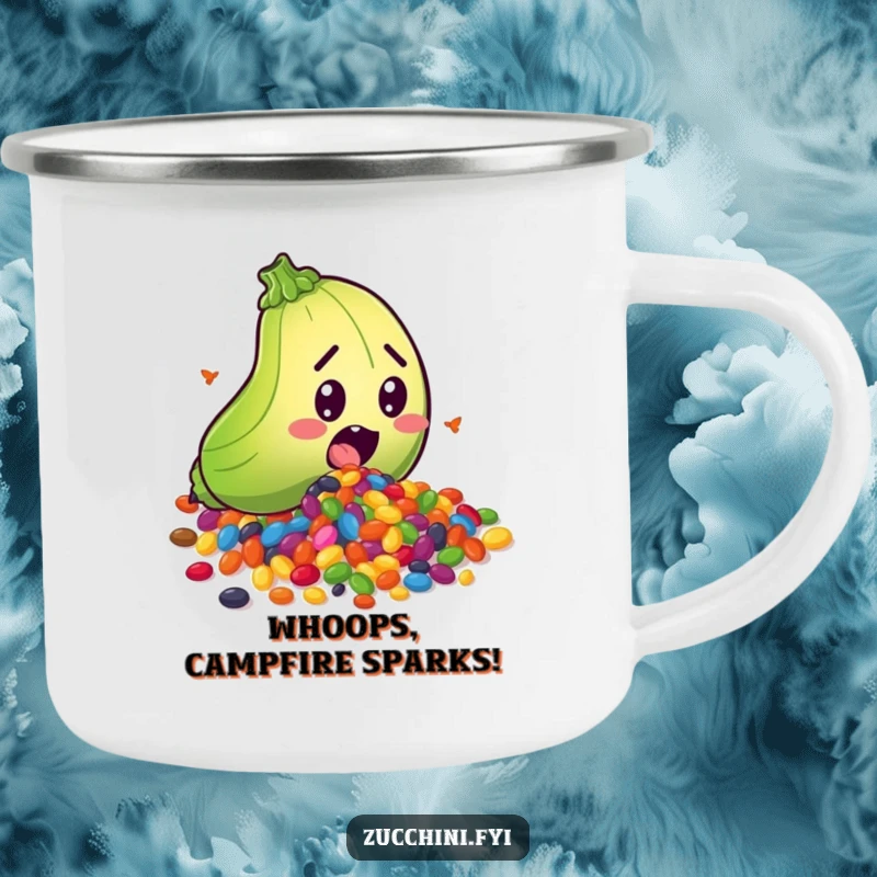 Funny camping mug with a surprised zucchini character spilling a rainbow of colorful seeds, bringing outdoor fun and vegetable humor to your travels.