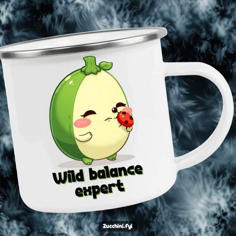 Funny zucchini camping mug, a determined veggie character balancing a ladybug on its nose, durable and humorous for outdoors.