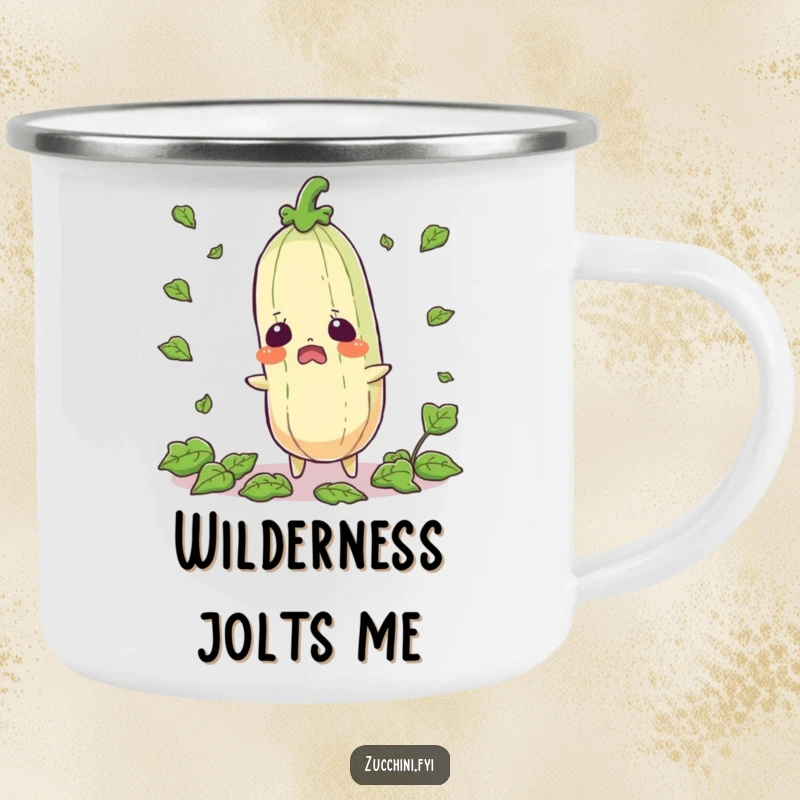 Funny startled zucchini camping mug showing a shocked vegetable with leaves flying, great for coffee and laughs outdoors.