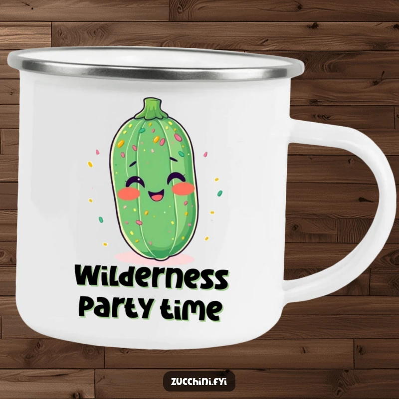 Funny camping mug with a zucchini laughing uncontrollably, covered in a festive confetti shower.