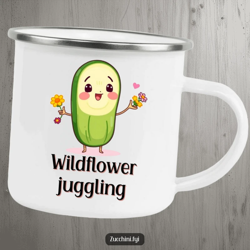 Funny camping mug showing a delighted zucchini slice character juggling bright edible flowers, ready for outdoor adventures and good times.