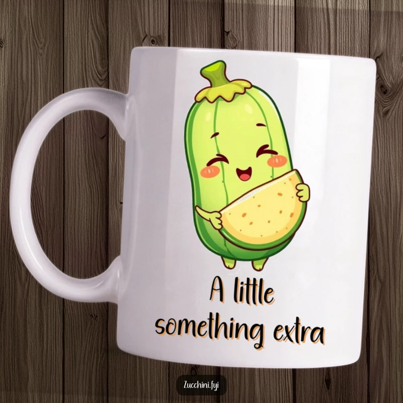 Funny mug featuring a charming anthropomorphic zucchini character with a playful wink, generously offering a slice of itself, embodying quirky generosity.