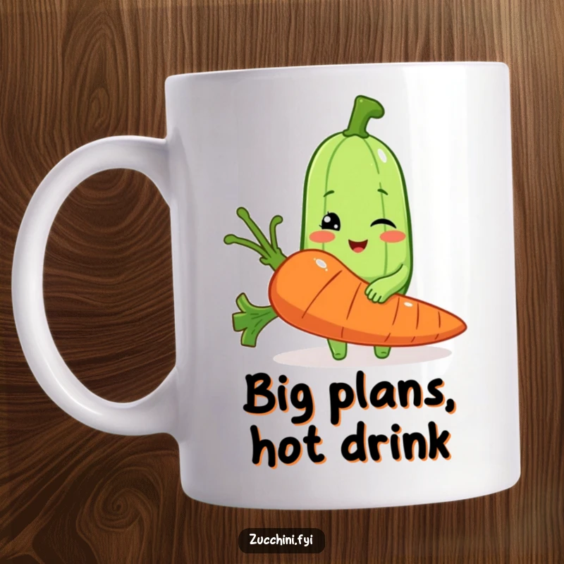 Funny mug with a winking zucchini character holding a comically large carrot, suggesting a playful and cheeky vegetable joke.