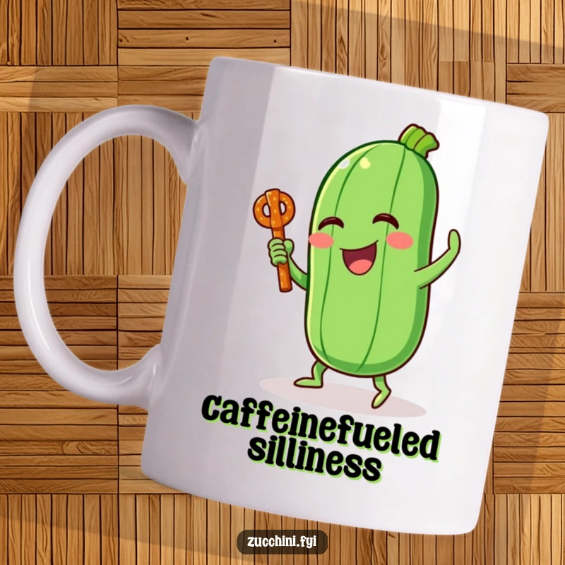 Funny mug with a laughing zucchini character enthusiastically dancing while holding a pretzel stick, radiating pure joy.