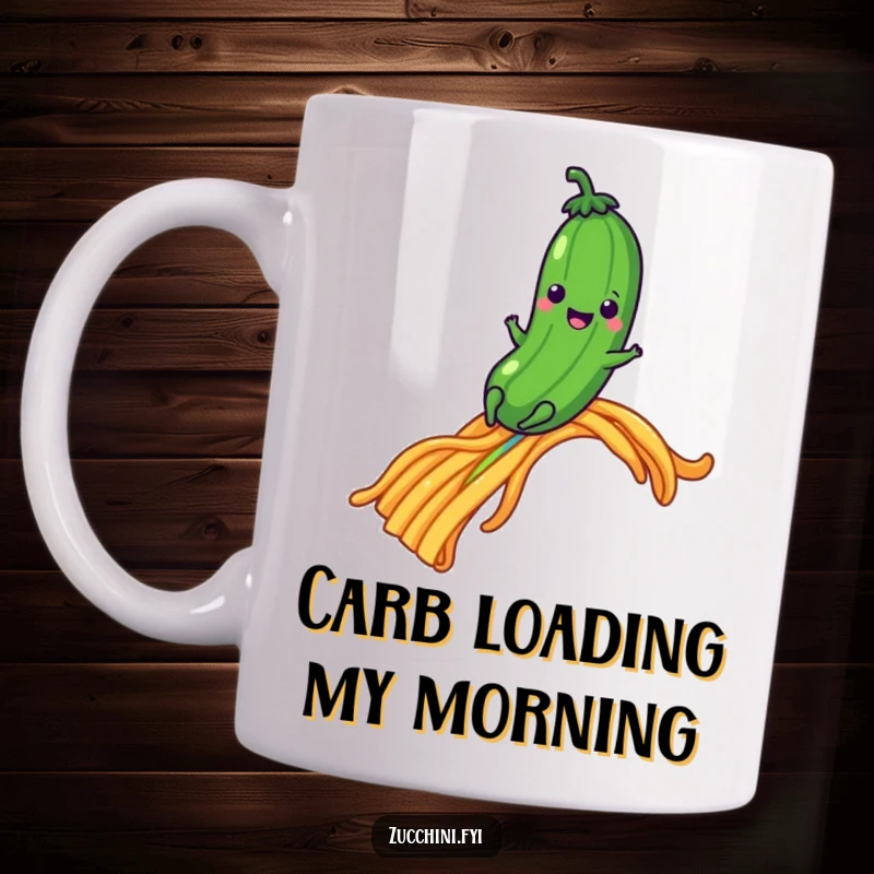 Funny happy zucchini character slides down a rainbow made of pasta strands, a whimsical mug.