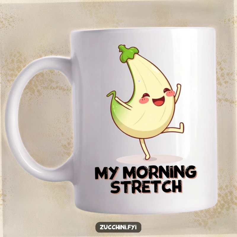 Funny mug depicting a zucchini performing a cartwheel with an enthusiastic, happy grin.