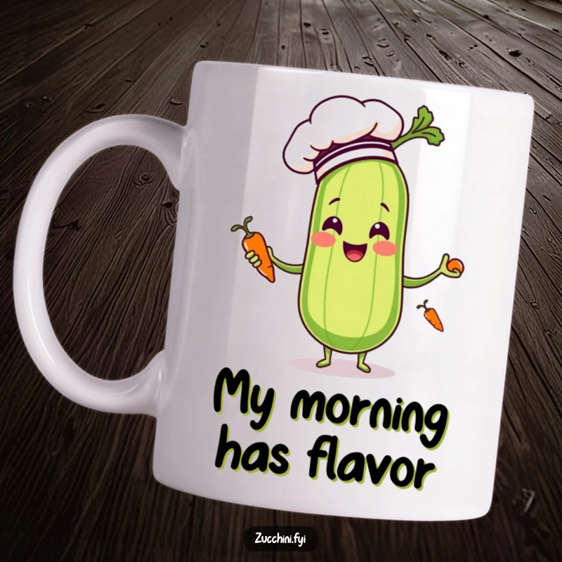 Funny chef zucchini with a hat joyfully juggling tiny carrots on a coffee mug, perfect for cooking enthusiasts.