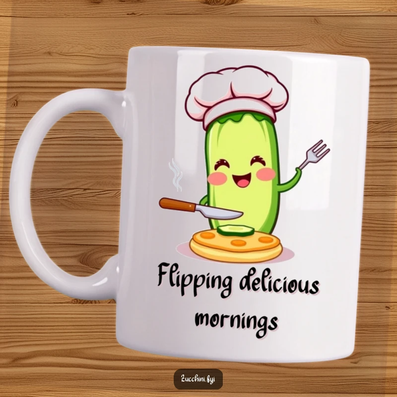 Funny chef zucchini mug with a happy character in a chef hat flipping a tiny pancake, perfect for kitchen fun and a humorous gift.