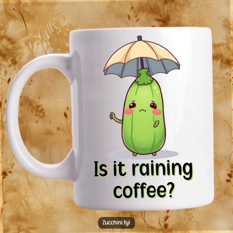 Funny, confused zucchini precariously balancing a tiny umbrella on its head, depicted on a whimsical coffee mug.
