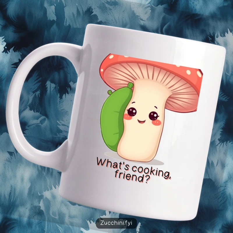 Funny curious zucchini mug showing a zucchini peeking from behind a giant smiling mushroom, embodying playful exploration and garden humor.