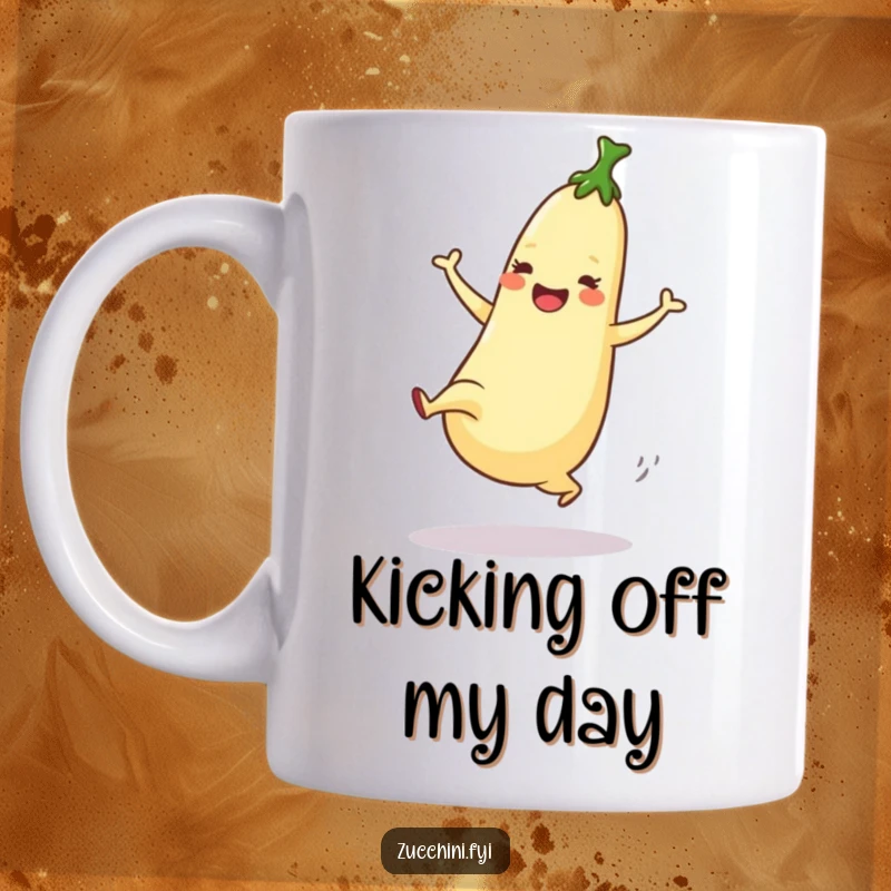 Funny Mug of a dancing zucchini enthusiastically performing a high kick with joyful energy.