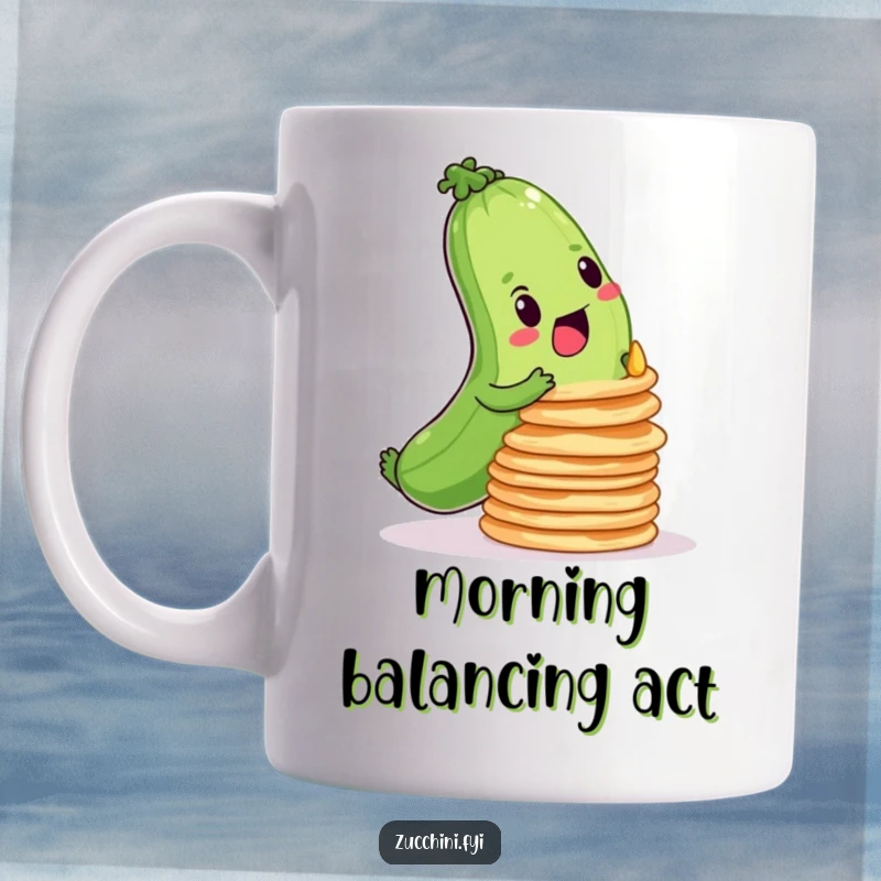 Funny mug depicting a determined zucchini struggling to balance a tall stack of wobbly pancakes, showcasing effort.