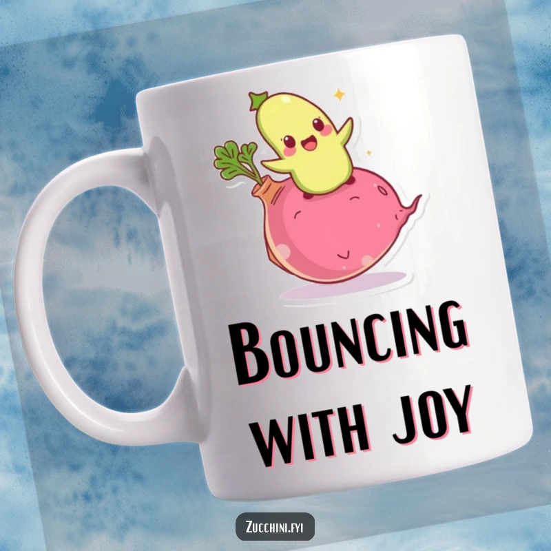 Funny giddy zucchini mug showing an excited vegetable character joyfully bouncing high on a giant radish.