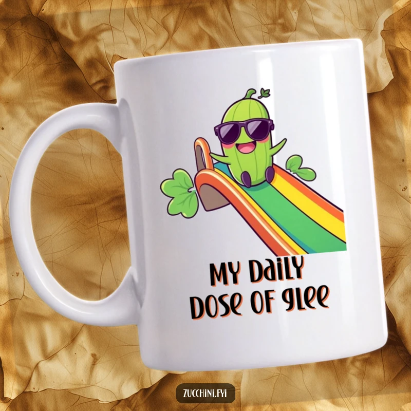 Funny Giggling Zucchini Mug: A zucchini in sunglasses laughs gleefully while sliding down a bright rainbow, radiating pure fun and excitement.