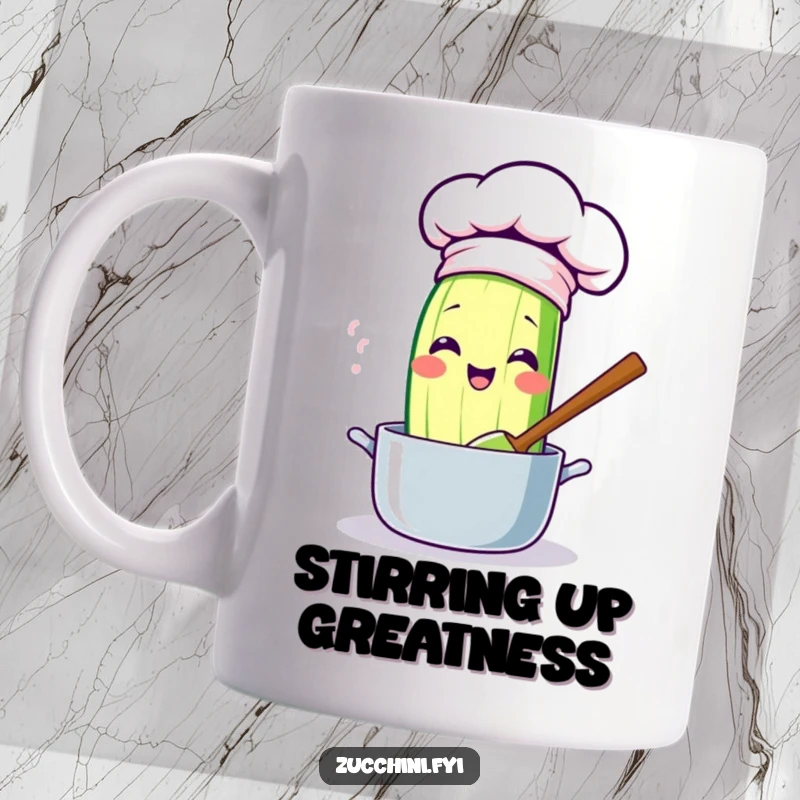 Funny kawaii zucchini wearing a chef hat, enthusiastically stirring a pot, a humorous illustration for cooking enthusiasts.