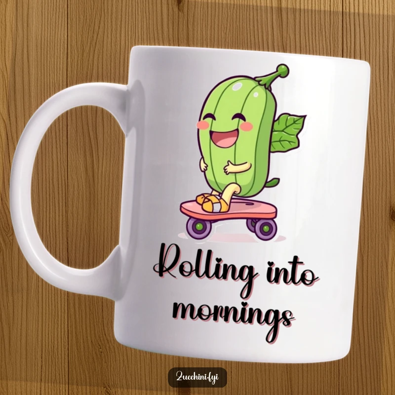 Funny mug with a laughing zucchini character joyfully riding a leaf-made roller skate, embodying speed, fun, and vegetable whimsy.