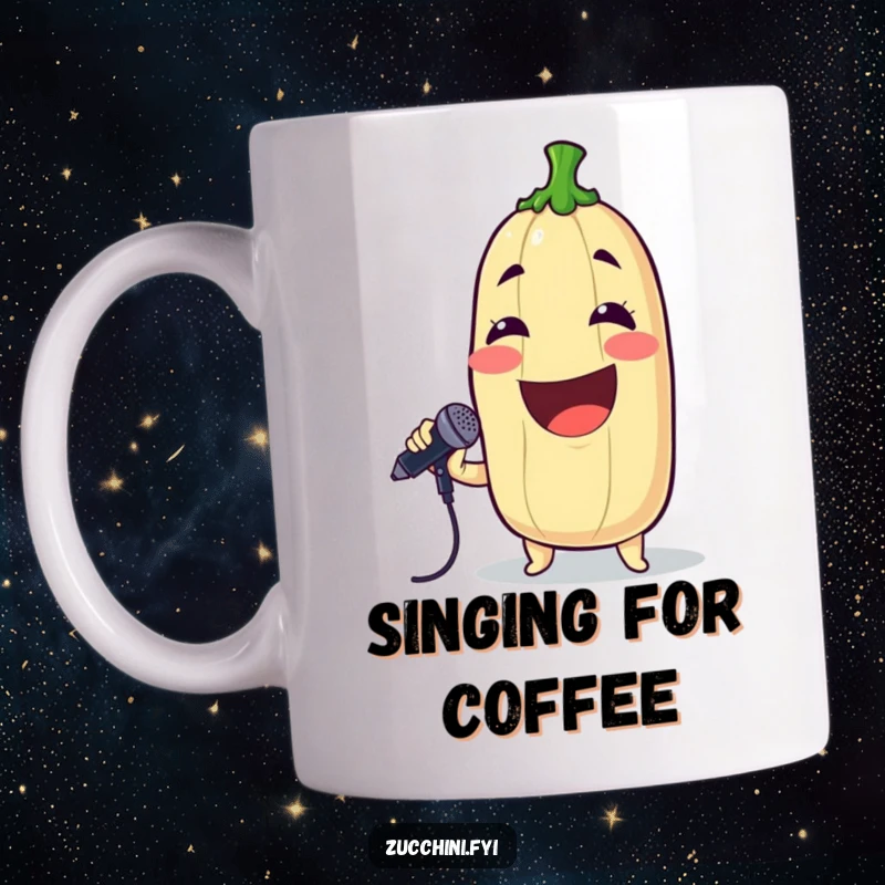 Funny mug featuring a grinning zucchini holding a microphone, enthusiastically belting out a song.