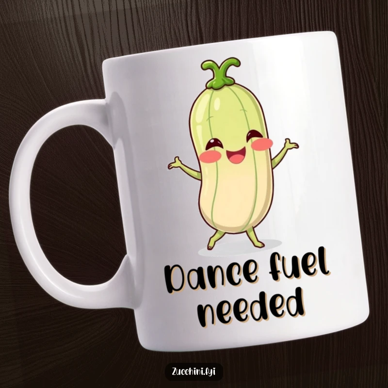 Funny mug showcasing a gleeful spiralized zucchini character engaged in a spontaneous, silly dance, radiating pure, unadulterated joy.