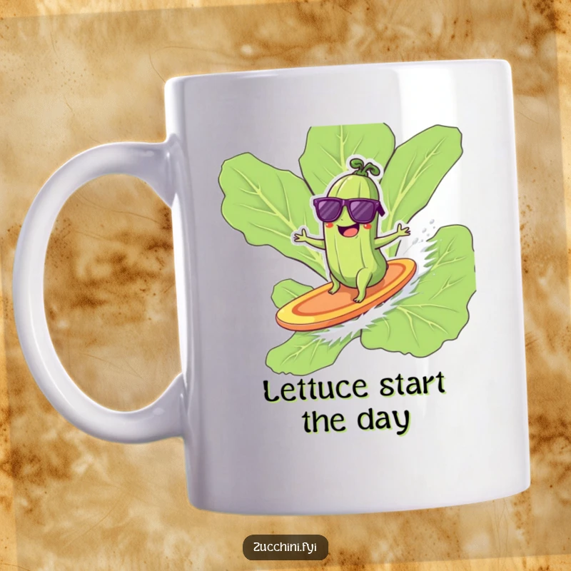Funny giggling zucchini wearing sunglasses surfs on a giant lettuce leaf, a cool and humorous mug.