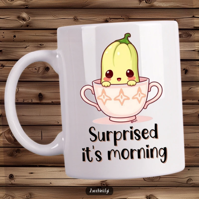 Funny Zucchini Mug: Small vegetable peeking out of a tiny teacup with a surprised expression, embodying delightful shock.